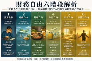 Read more about the article 財務自由六階段解析｜從月光生存到影響力自由，揭示各階段的收入門檻生活狀態與心理含意