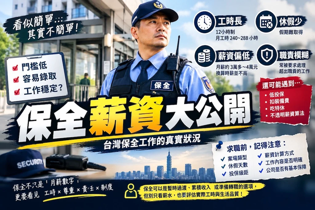 Read more about the article 台灣保全薪資現況分析與工作環境分享：超長工時&休假少&血汗低薪