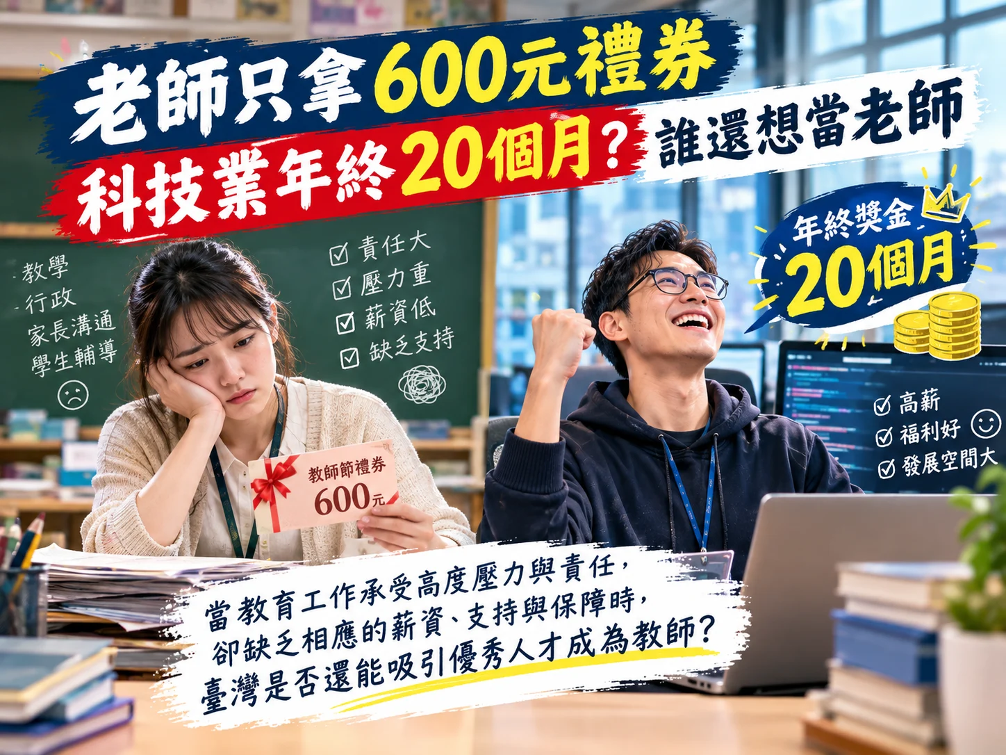 Read more about the article 教師節只收到600元禮券，科技業有二十個月年終與分紅？探討教師荒與人才流失問題